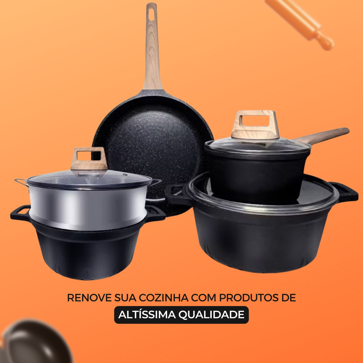 Conjunto de Panelas Ceramica com Tampa Antiaderente Indução