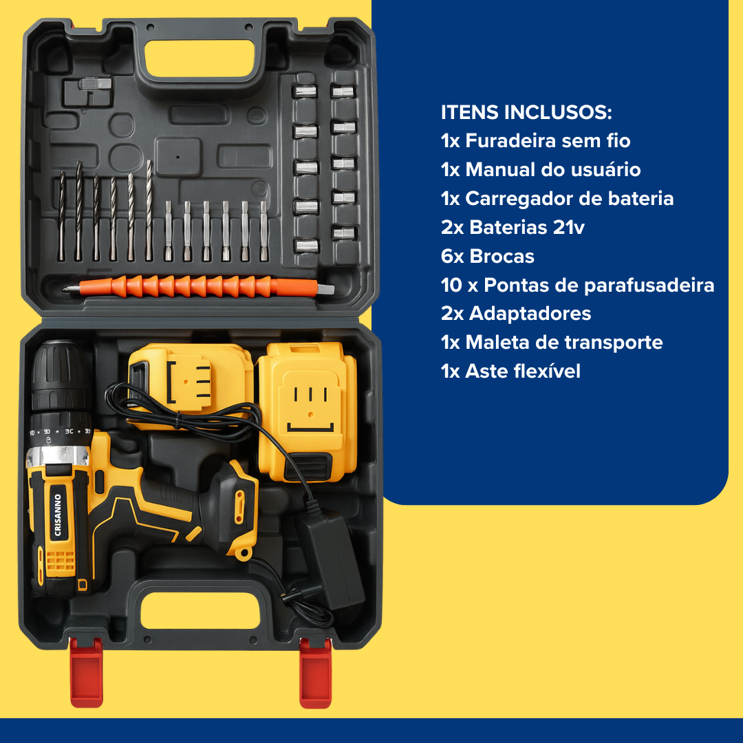 Parafusadeira Furadeira Sem Fio Impacto 2 Bateria Maleta 21v