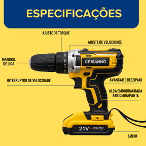 Parafusadeira Furadeira Sem Fio Impacto 2 Bateria Maleta 21v